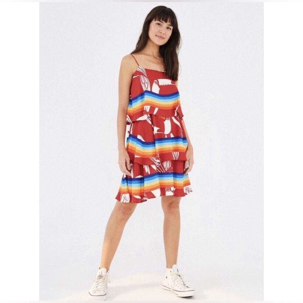 NWT Farm Rio Red Tucan Rainbow Print Tiered Ruffle Spaghetti Strap Mini Dress M